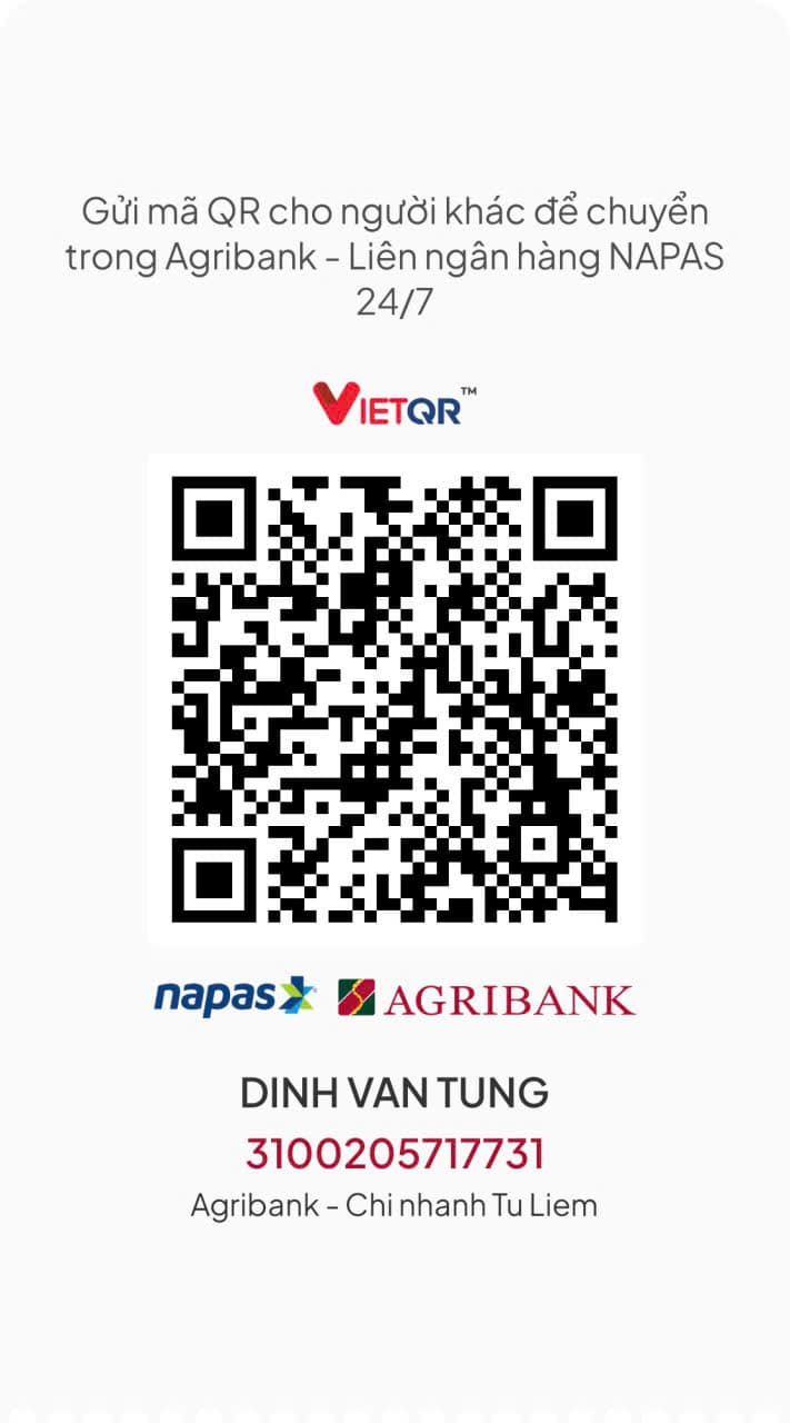 Mã QR ủng hộ — Agribank — Chi nhánh Từ Liêm, số tài khoản 3100205717731, chủ tài khoản DINH VAN TUNG